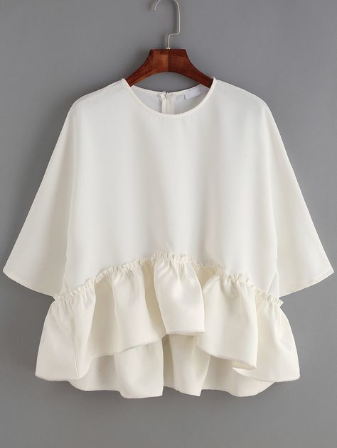 White Round Neck Ruffle Dip Hem Blouse 21.63 Ruffle Blouse Designs, Dip Hem Blouse, Áo Blu, Trendy Fashion Tops, Hem Blouse, Blouse Online, Neck Ruffle, White Blouse, White Shop