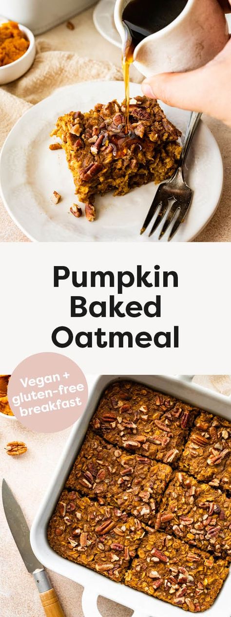 The best cozy fall breakfast, this pumpkin baked oatmeal is made with oats, pumpkin, maple syrup, pumpkin pie spice and cinnamon. It’s vegan and gluten-free. Pumpkin Baked Oatmeal, Baked Pumpkin Oatmeal, Baked Oatmeal Healthy, Baked Oatmeal Recipes, Homemade Pumpkin Puree, Pumpkin Oatmeal, Baked Oats, Health Recipes, Prep Recipes