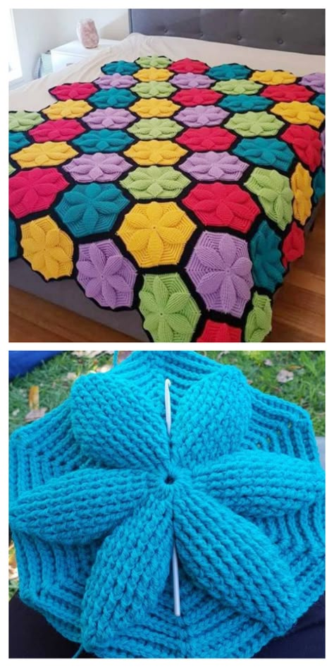 Crochet Hexagon Blanket, Crochet Blanket Kit, Hexagon Blanket, Hexagon Crochet Pattern, Crochet Blanket Diy, Crochet Bedspread Pattern, Crochet Cushion Cover, Easy Crochet Blanket, Crochet Blanket Designs