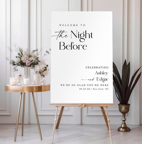 "This rehearsal dinner welcome sign is a digital editable template, using Templett.com. Edit right in your web browser. It features a wonderful typography and refined style. This elegant rehearsal party sign will be the perfect touch for your Wedding, Rehearsal dinner, Engagement party, Vow Renewal, Bridal Shower, Bachelorette Party or other event. You will receive an access link within minutes after purchase to your email. Make your edits (wording, font, background color etc.), download and pri Welcome Wedding Party Ideas, Pre Wedding Welcome Party, Welcome Party Wedding Sign, Rehearsal Dinner Signs Entrance, Welcome Party Theme Ideas, The Night Before Sign Wedding, Welcome Party Ideas Wedding, Welcome Party Sign Wedding, Rehearsal Dinner Welcome Sign Ideas