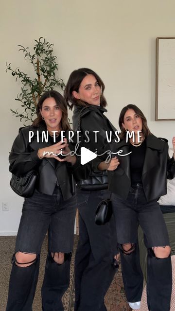 Nina Caviggiola • momhood & midsize style on Instagram: "I cannot stress enough about how much I love this look. Did you watch to the end to see the Amazon jacket 👀 

Pinterest VS size 10. 

Comment GIMMIE below to receive a DM with the link to shop this post on my LTK ⬇ https://liketk.it/4RFxz #ltkmidsize #ltkstyletip #ltkfallsale

Jeans: 8 (size down if in between) 
Both tops: L
Jacket M
Cheaper jacket: L 

Leather jacket, black on black, midsize style, fall outfit, mom style, edgy look, street style, size 8." Leather Jacket With Belt Outfit, Black Skirt And Leather Jacket Outfit, How To Wear A Leather Jacket, Black Jacket Outfit Women, Black Moto Jacket Outfit, Styling Leather Jacket, Cropped Leather Jacket Outfit, Fall Outfit Mom, Edgy Mom Outfits