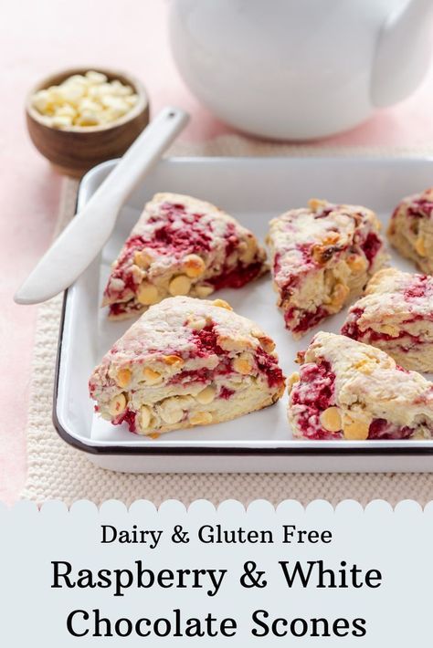 Scones Dairy Free, Raspberry And White Chocolate Scones, Raspberry White Chocolate Scones, Gluten Free Tart, Dairy Free Scones, Chocolate Scones Recipe, White Chocolate Raspberry Scones, White Chocolate Scones, Healthy Scones