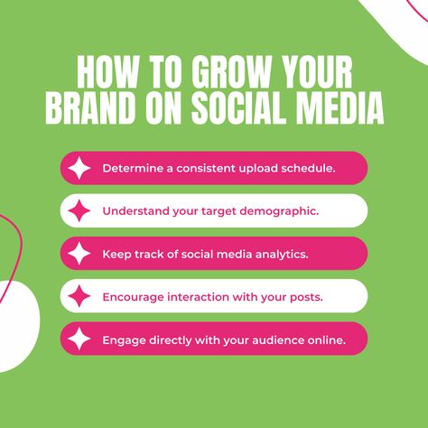 How to Grow Your Brand on Social Media 🌟📱
1️⃣ Determine a consistent upload schedule 🗓️
2️⃣ Understand your target demographic 🧠🎯
3️⃣ Keep track of social media analytics 📊📈
4️⃣ Encourage interaction with your posts 💬❤️
5️⃣ Engage directly with your audience online 🤝📬
#SocialMediaGrowth #BrandBuilding #EngagementTips #SocialMediaStrategy #ContentMarketi Engagement Tips, Social Media Analytics, Social Media Growth, Brand Building, Keep Track, Understanding Yourself, How To Grow, To Grow, Encouragement