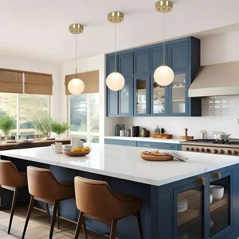 Dark Blue Kitchen With Island, Earthy Blue Kitchen, Modern Interior House Colors, Blue And Gold Kitchen, Modern Colorful Kitchen, Warm Modern Kitchen Design, Blue Cabinets Kitchen, Kitchen Island Colors, Kitchen Ideas With Island