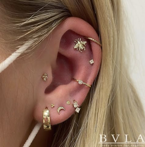 Earscapes Gold, Stacked Piercings, Ear Piercing Curation, Piercing Curation, Cool Ear Piercings, Pretty Ear Piercings, Bee Studs, Cute Ear Piercings, Cool Piercings