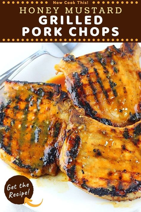 These easy grilled pork chops with a super flavorful honey mustard marinade are tender, juicy, and perfect for a delicious summertime dinner, but they're so good that you'll want to make them all year long (an indoor grill pan works great). Use bone-in or boneless pork chops, whichever you prefer. Get the recipe, fire up the grill, and give them a try! Grilled Pork Chops Marinade, Pork Chop Marinade, Pork Chop Recipes Grilled, Honey Mustard Recipes, Marinated Pork Chops, Juicy Pork Chops, Fried Pork Chops, Grilled Pork Chops, Marinated Pork