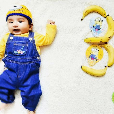 Minion Theme Photoshoot, 3 Month Birthday Photo Ideas, Three Month Old Baby Pictures, 3 Month Old Baby Photoshoot, 3months Baby Photoshoot Ideas, 3 Months Old Baby Photoshoot, 3 Month Old Photoshoot, Photoshoot For Baby, Creative Monthly Baby Photos