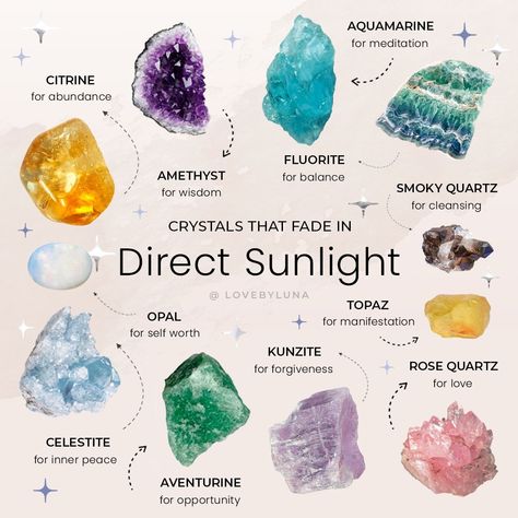 Love By Luna® on Instagram: “𝐃 𝐈 𝐑 𝐄 𝐂 𝐓 𝐒 𝐔 𝐍 𝐋 𝐈 𝐆 𝐇 𝐓 🌞 did you know that some stones can fade in direct sunlight? 😱 while placing crystals in direct sunlight can…” Crystal Healing Chart, Crystal Aesthetic, Crystal Guide, Cleansing Crystals, Crystals Healing Properties, Spiritual Crystals, Crystal Healing Stones, Crystal Magic, Witch Aesthetic