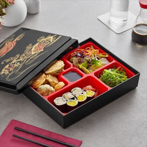 A bento box is filled with sushi, seaweed, a salad,  vegetable tempura, and soy sauce. Food Takeaway Packaging Ideas, Bento Box Aesthetic, Bento Box Traditional, Asain Food, Lunch Kits, Chinese Takeout Box, Box Aesthetic, Make Lunch, Red Tray