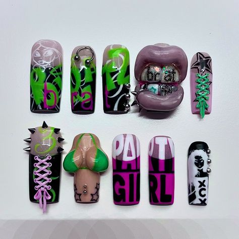 ⭐️ Nails by lil ⭐️ | BRATZ x BRAT NAILZ 👄💚#brat #bratz #pressonnails #bratnails #explore | Instagram Sosa Nails, Bratz Nails Design, Evil Nails, Brat Nails, Bratz Nails, Lil Bratz, Graffiti Nails, Crazy Nail Designs, Funky Nail Art