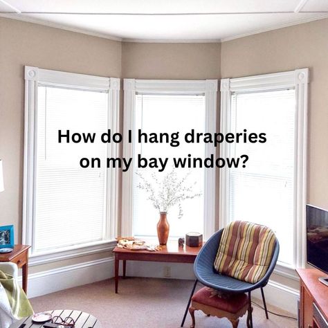 JRL Interiors — The best ways to add window treatments to a bay window Window Covering Bay Window, Farmhouse Bay Window Ideas, Small Room With Bay Window, Window Treatments Bay Window Living Room, Window Treatments For Bay Windows Ideas, Bedroom Bay Window Ideas Master, Bay Window Treatments Bedroom, Small Bay Window Curtains, Window Bay Ideas