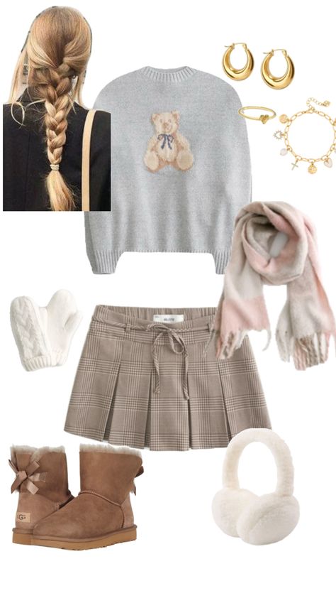 #falloutfits #fall #uggs #bowuggs #scarf #hollister #bearsweater #frenchbraid #sweaterwheather #outfitinspo Classic Short Uggs Outfit, Bailey Uggs Outfit, Winter Outfits Uggs, Short Uggs Outfit, Fall Uggs, Hollister Outfits, Chilly Weather Outfits, Hollister Clothes, Winter Wishlist