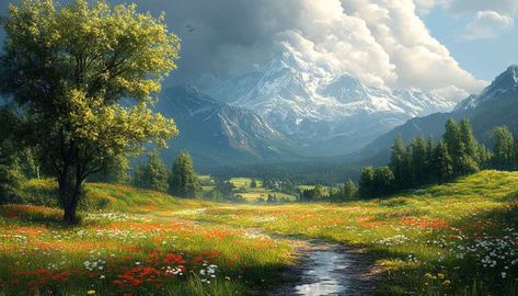 Discover stunning mountain landscape wallpaper featuring alpine meadows, wildflowers, and snow-capped peaks. Perfect for nature lovers and scenic backgrounds. Scenic Backgrounds, Alpine Meadow, Landscape Wallpaper, Free Wallpaper, Mountain Landscape, Nature Lovers, Nature Lover, Wild Flowers, Nature