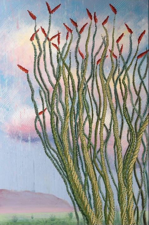 David Fobes “Little Torch” (ocotillo) 48” x 72” each panel Milk Paint on wood panel 2021 Ocotillo Drawing, Ocotillo Art, Ocotillo Cactus, Desert Mural, Paint On Wood, Pisces Love, Poppy Art, Cactus Art, Vintage Botanical Prints