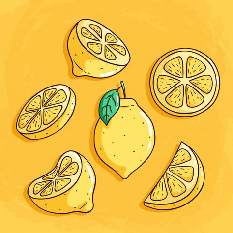 Fresh lemon fruits with cute colored doo... | Premium Vector #Freepik #vector #food #hand #summer #leaf Lemon Doodle Drawing, How To Draw A Lemon, Cute Lemon Drawing, Lemons Drawing, Draw Lemon, Lemon Doodle, Drawing Lemon, Lemon Vector, Lemons Art