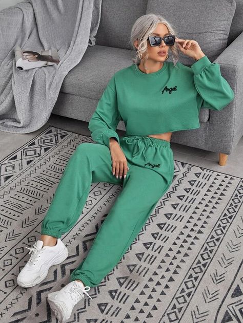 Drop Shoulder Letter Embroidered Pullover & Knot Waist Joggers Set | SHEIN EUR Embroidery Knot, Black Joggers Outfit, Angel Graphic, Black Company, Best African Dresses, Joggers Set, Joggers Outfit, Ankle Boots Men, Drawstring Jogger