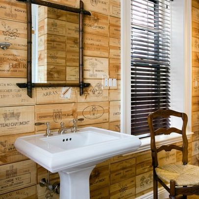 wine crates for decorating | Wine Crate Design, Pictures, Remodel, Decor and Ideas | home Wine Crate Wall, Wine Crate Paneling, Wine Box Wall, Crate Wall, Wooden Wine Crates, Wine Crates, Old Wooden Crates, Eclectic Bathroom, Great Bathrooms