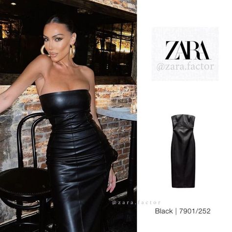 Zara Factor on Instagram: "✨ ▫️Strapless faux leather DRESS 🏷️7901/252 💶45.95 € | 💵69.90 C$ . . . . . 📸: @luba @zara #zarafactor #zaraambassador" Black Leather Tube Dress, Zara Strapless Dress, Strapless Leather Dress Outfit, Black Leather Dress Outfit Night, Strapless Black Dress Outfit, Bandeau Dress Outfit, Leather Dress Outfit Night, Faux Leather Dress Outfit, Black Leather Dress Outfit