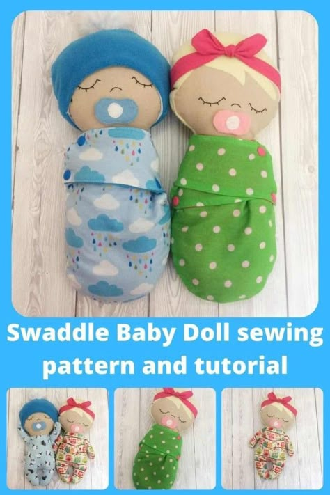 Swaddle Baby Doll sewing pattern and tutorial. With this pattern, you can make a super sweet, soft and cuddly, fabric baby doll with swaddle wrap, where you have the option to make a baby with or without hair and includes the hat and headband pattern. The designer has made this doll pattern quick and easy to make so it's very suitable for beginner sewers and last-minute gifts! Free Baby Doll Sewing Patterns, How To Make A Rag Doll Easy, Easy Dolls To Sew, Free Cloth Doll Patterns, Small Doll Pattern Free, Stuffed Doll Patterns Free, Easy Doll Sewing Pattern Free, Fabric Doll House Pattern Free Printable, Baby Doll Sewing Patterns