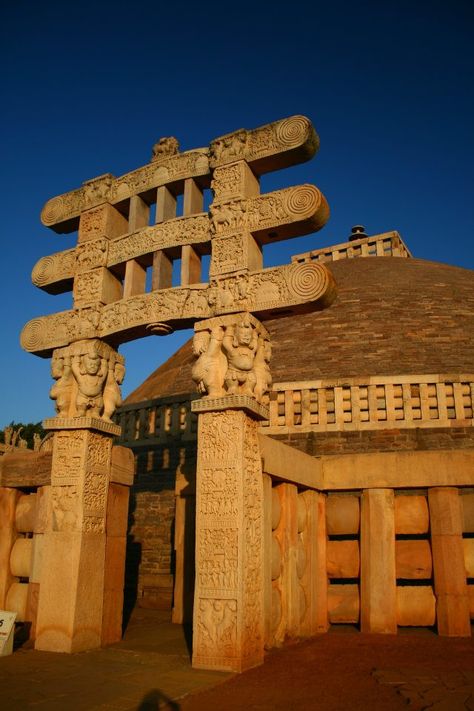 Madhya Pradesh                         Sanchi Stupa, is a Buddhist complex, famous for its Great Stupa, on a hilltop at Sanchi Town in Raisen District of the state of Madhya Pradesh, India. it was built in the third century BC Sanchi Stupa Photography, Madhya Pradesh Culture, India Monuments, Great Stupa At Sanchi, Sanchi Stupa, Origami Frog, Indian Temple Architecture, Traditional Sculptures, Ancient Indian Architecture