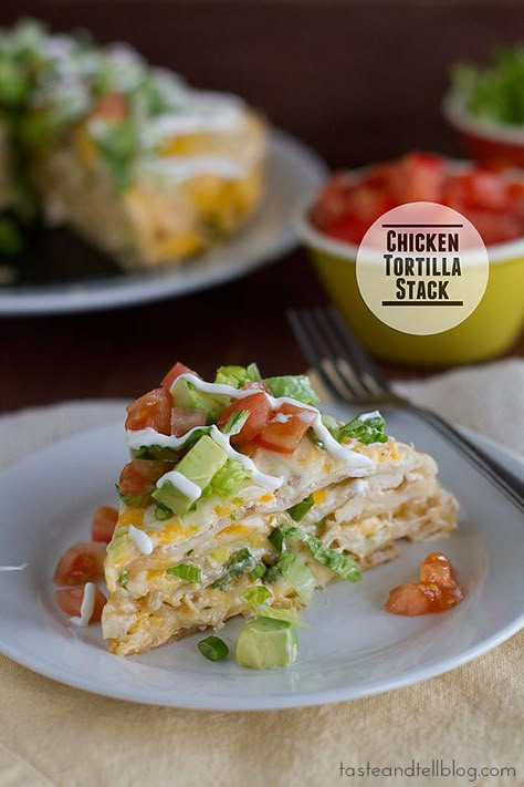 Chicken Tortilla Stack | www.tasteandtellblog.com Tortilla Stack, Taste And Tell, Chicken Tortilla, Chicken Main Dishes, Pizza Hut, Food Blogs, Mexican Dishes, Mexican Recipes, Main Meals