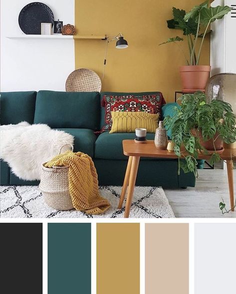 Blue Yellow Living Room Color Scheme, Forest Green And Yellow Living Room, Green Grey Yellow Living Room, Yellow Room Palette, Scandinavian Living Room Colorful, Green Yellow Living Room Ideas, Mustard Sofa Living Room Colour Schemes, Gold Couch Decor, Mustard Color Palette Living Rooms