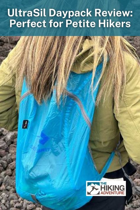 a petite woman hiker wearing a blue Sea to Summit UltraSil Daypack Ultralight Backpacking, Sea To Summit, Day Hike, Hiking Gear, Hiking Backpack, Top Pick, Camping Gear, Great Outdoors, The Great Outdoors