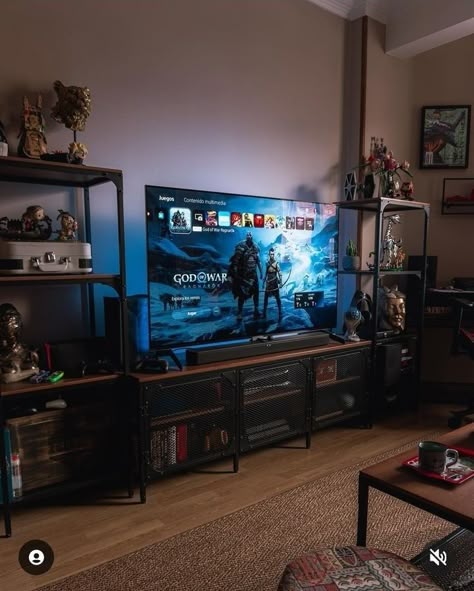 Men’s Interior Decor, Gaming Living Room Ideas Cozy, Console Gaming Setup Living Room, Gaming Couch Setup, Gaming Room With Couch, Chill Living Room Aesthetic, Geezatrix Room, Gaming Setups Aesthetic, Ps5 Setup Living Room