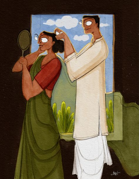 Indian Aesthetic Illustration, Indian Character Illustration, Bengali Couple Sketch, Bengali Paintings, Indian Couple Art, Bengali Folk Art, Bengali Painting, Desi Illustration, Painting Women