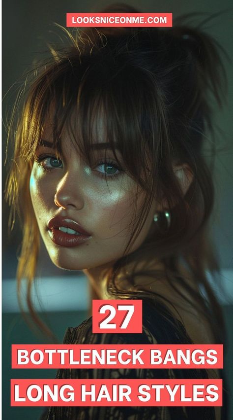 This article will provide you with various hairstyle ideas featuring bottleneck bangs that can suit different hair textures and personal styles. Bottleneck Bangs Side Part, Cute Bangs Hairstyles Long Hair, Bangs For Widows Peak, Front Fringe Bangs, Style Bottleneck Bangs, Bangs With A Widow's Peak, Bottle Bangs, Long Straight Hair With Bangs Round Face, Long Hair Bottleneck Bangs