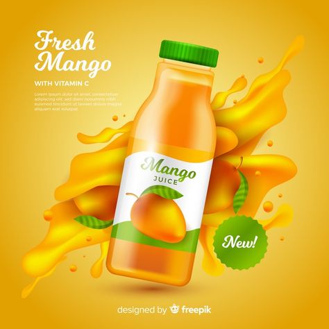 Realistic mango juice ad template Free Vector | Free Vector #Freepik #vector #freeposter #freefood #freesummer #freetemplate Mango Juice Poster Design, Juice Ads Design, Juice Commercial, Summer Template, Juice Ad, Canned Juice, Mango Drinks, Fruit Splash, Website Menu