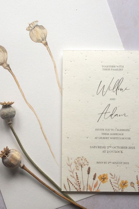 Watercolour Flower Invitation, Poppy Wedding Invitations, Wedding Invite With Illustration, Watercolour Invitations Wedding, Wedding Flower Invitation, Seeded Paper Wedding Invitations, Aquarelle Wedding Invitation, Autumn Wedding Stationery, Sustainable Wedding Invitations