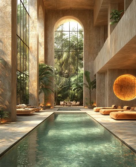 Luxurious indoor pool, modern design, tranquil, relaxing atmosphere. Indoor Pool Atrium, Indoor Pool House Luxury, Indoor Pool Design Luxury, Spa Pool Aesthetic, Indoor Natural Pool, Indoor Pool Architecture, Pool Indoor Design, Rectangular Pool Landscaping, Spa Pool Area