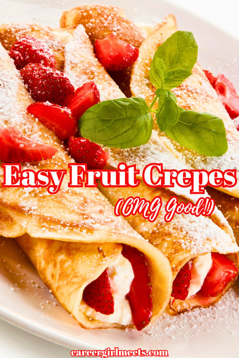 OMG, this is an easy fruit crepes recipe that is incredibly delicious! The recipe includes the fresh fruit filling and a sweet ricotta cheese filling. If you want to make it less healthy you could even add Nutella. If you love cake then you will love this crepe roll recipe because they taste tender and soft. Also great for breakfast or brunch!

// best fruit crepes // strawberry crepes // berries and creme // Crepes With Fruit, Fruit Crepes Recipe, Easy Crepes Recipe Simple, Healthy Crepe Filling, Crepe Breakfast Ideas, Cherry Crepes Recipe, Blackberry Crepes, Crepe Filling Recipe, Crepes Recipe Easy