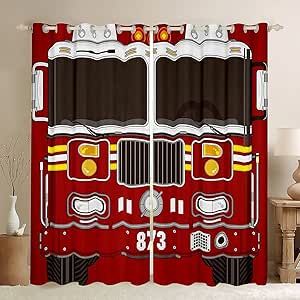 Cartoon Firefighter, Fire Dept Decor, Fire Truck Room, Black Window Treatments, Truck Room, Light Blocking Curtains, Trucks Print, Curtains For Bedroom, Black Drapes