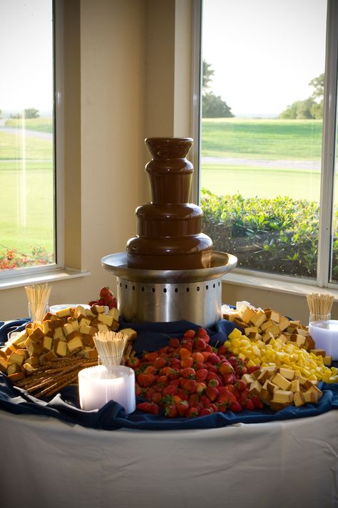 Chocolate fountain....a MUST! Chocolate Fountain Wedding, Chocolate Fountain Bar, Fountain Wedding, Fountain Wedding Cakes, Chocolate Fondue Fountain, Fondue Fountain, Fountain Ideas, Chocolate Covered Strawberries Bouquet, Fountain Cake