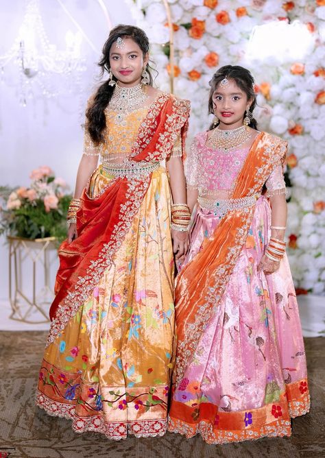 Saree Function For Kids, Kids Langa Voni, Kids Half Saree Designs, Half Saree Function Kids, Indian Dresses For Kids, Saree Function, Kids Lehenga Choli, Half Saree Function, Langa Voni