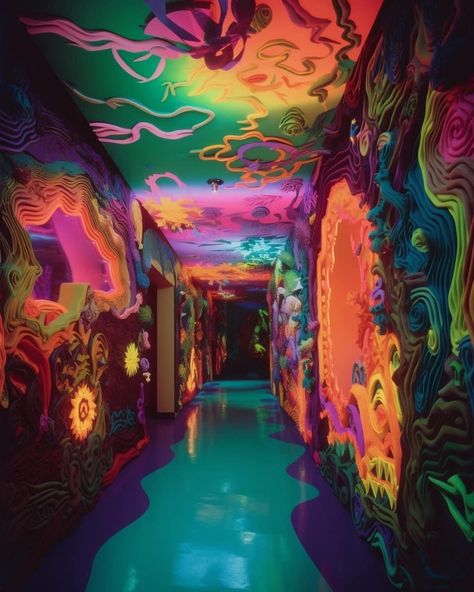 Retro Room Decor 80s, Trippy House, Diy Black Light, Funky Bedroom, Dorm Room Styles, Trippy Designs, Retro Interior Design, Art Deco Bathroom, Tumblr Pics