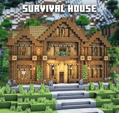 Mc House Inspiration, Cobblestone And Wood House Minecraft, Large Minecraft Survival House, Minecraft Survival Mansion Ideas, Big Minecraft Houses Survival, Minecraft Survival House For Two, Minecraft House Ideas Big Cottage, Minecraft Houses Survival Blueprints, Minecraft House For 4 People