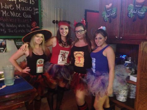 Jagermeister, Captain Morgan, Fireball, Pinnacle Cotton Candy - Halloween Costumes Captain Morgan Halloween Costume, Halloween Costumes For Bartenders, Bartender Halloween Costumes Ideas, Bartender Halloween Costumes, Captain Morgan Costume, Captain Morgan Halloween Drinks, German Barmaid Costume, Cotton Candy Halloween Costume, Frat Parties