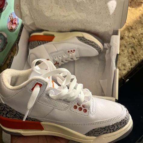 Jordan 3s Jordan 3s, Pretty Sneakers, Shoes Jordan, Cute Nike Shoes, White And Orange, Cute Nikes, Kids Jordans, Orange White, Jordan Shoes