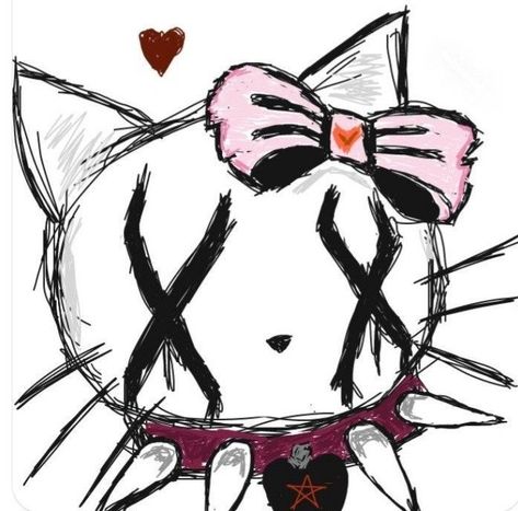 Demonic Hello Kitty, Yandere Hello Kitty, Creepy Hello Kitty Drawing, Goth Hello Kitty Pfp, Buff Hello Kitty Drawing, Zombie Hello Kitty Pfp, Scary Hello Kitty Drawing, Hello Kitty X Anime, Emo Hello Kitty Aesthetic