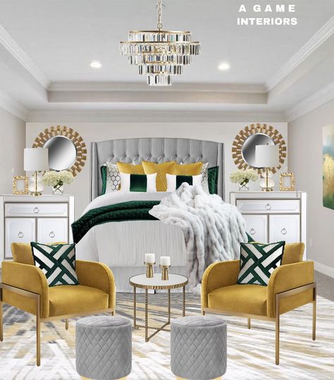 Modern Bedroom With Gold Accents, Silver And Gold Room Bedrooms, Gold And Silver Accents Bedroom, Gray White And Gold Bedroom Ideas, Glam Bedroom Accent Wall, Green Master Bedrooms Decor Cozy Relaxing, White Silver And Gold Bedroom, Grey Emerald Bedroom, Green White And Gold Bedroom Ideas