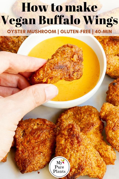 Oyster Mushroom Recipes, Vegan Chicken Wings, Vegan Buffalo Wings, Vegan Buffalo Sauce, Buffalo Vegan, Vegan Wings, Oyster Mushroom Recipe, Vegan Fried Chicken, Vegan Fries