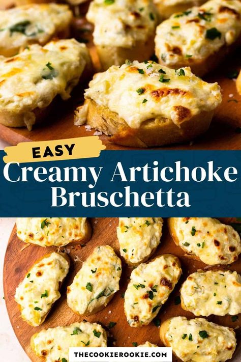 Artichoke Bruschetta is a simple and delicious appetizer that's just perfect for parties. Creamy, cheesy artichoke dip is baked onto toasted bruschetta for a delicious finger food. Serve these before dinner, at cocktail hour, or for any get together. Bruschetta Artichoke, Chicken Crostini, Crostini Ideas, Brushetta Appetizers, Artichoke Bruschetta, Recipe Apps, Bruschetta Dip, Cheese Bruschetta, Bruschetta Appetizer