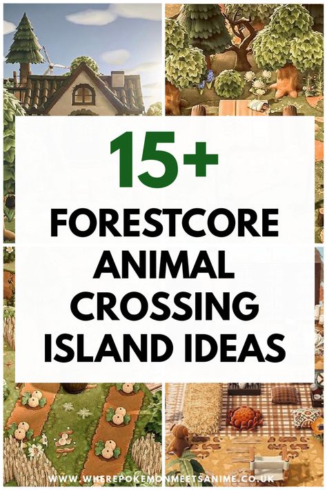 Forestcore aesthetic animal crossing island designs ideas Acnh Design Ideas Cottagecore, Forest Core Animal Crossing Villagers, Cottage Core Animal Crossing Island Layout, Forest Villagers Acnh, Acnh Cottagecore Guide, New Animal Crossing Ideas, Acnh Forestcore Farm, Island Designs Animal Crossing, Acnh Villagers Homes Layout Cottagecore