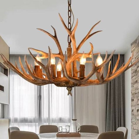 Zickel 6-Light Rustic Resin Chandelier Antler Shape Pendant Light Farmhouse - On Sale - Bed Bath & Beyond - 36040630 Cabin Light Fixtures, Cabin Chandelier, Antler Light Fixtures, Modern Rustic Chandelier, Stairway Chandelier, Resin Chandelier, Pendant Light Farmhouse, Ski House Decor, Antler Lamp