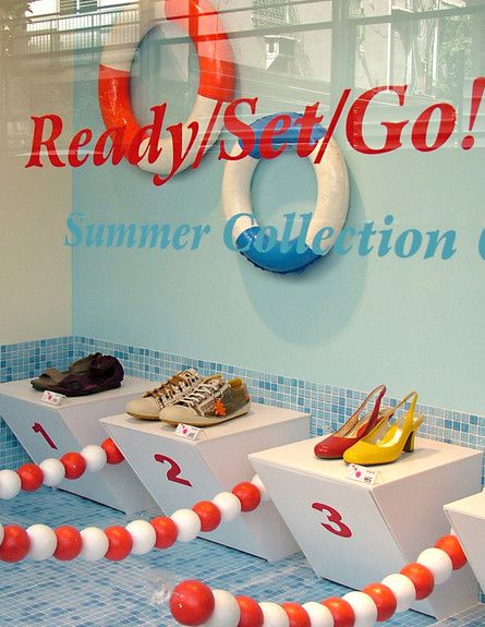 Summer Display, Summer Window Display, Hidden Pool, Fashion Window Display, Summer Window, Retail Space Design, Store Window Display, Window Display Design, Ready Set Go