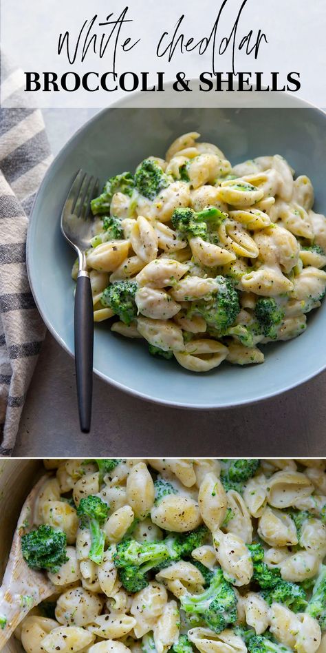 Shells And White Cheddar Recipes, Broccoli Cheddar Stuffed Shells, Shells And Broccoli, Shells And Broccoli Recipe, White Cheddar Broccoli Mac And Cheese, Mini Shells Pasta Recipes, Cheddar Cheese Pasta, White Cheddar Pasta, White Cheddar Recipes