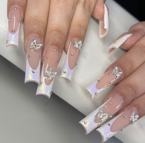 Baddie Birthday Nails Virgo, Nail Designs Bling, Butterfly Rhinestone, Nail Acrylic, Long Acrylic Nails Coffin, Pearl Nails, Long Square Acrylic Nails, Unique Acrylic Nails, Bling Acrylic Nails